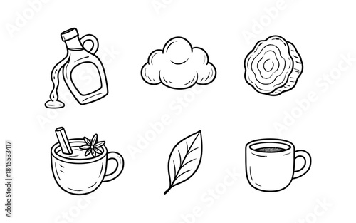 Hand-drawn icons representing autumn and cozy drink elements
