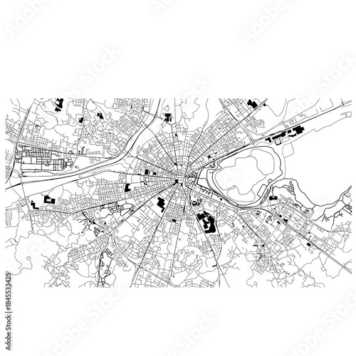 Abstract grunge background with musical note pattern, vintage city map lines, and old architectural blueprint design