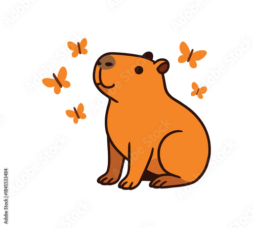 Flat vector illustration of bright capybara surrounded by small butterflies looking up gently
