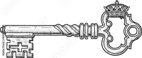 Vintage royal key with crown emblem in detailed black and white engraving style