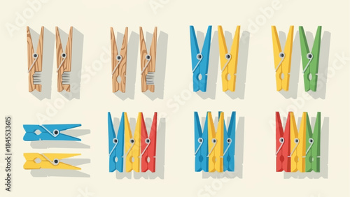 Collection of colorful and wooden clothespins arranged in rows.