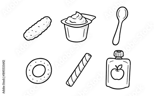 Hand-drawn collection of baby food items and utensils on a white background