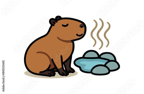 Flat vector illustration of bright capybara warming near hot spring steam curls spa pose