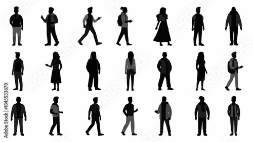 Collection of Diverse Silhouettes of People in Various Poses and Attire.
