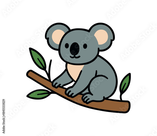 Flat vector illustration of bright koala sitting calmly on eucalyptus branch