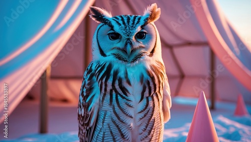 Majestic owl perched confidently in a colorful, geometric winter landscape with soft glowing lights