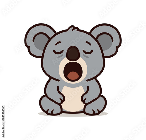 Flat vector illustration of bright koala yawning widely with sleepy eyes