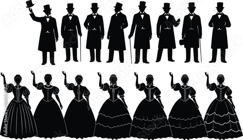 Victorian Era Silhouettes Black and White Collection of Men and Women in Formal 19th Century Dress Attire for Historical and Costume Design Projects, Elegant Vintage Style