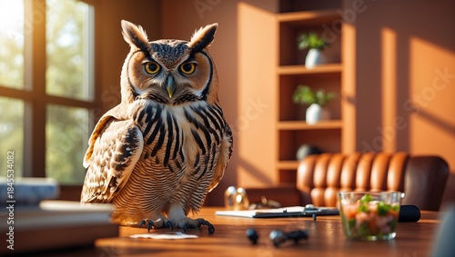 A majestic owl perched on a wooden table in a well-lit office with a cozy atmosphere, surrounded by plants and stationery