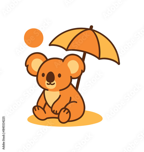 Flat vector illustration of bright koala sitting under sun umbrella warm light