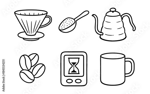 Hand-drawn icons for brewing coffee, featuring a pour-over cone, scoop, kettle, beans, timer, and mug