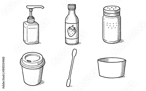 Hand-drawn collection of everyday objects including a pump bottle, jam jar, shaker, and coffee cup