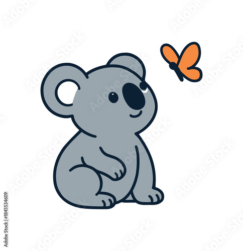 Flat vector illustration of bright koala looking up at butterfly hovering nearby