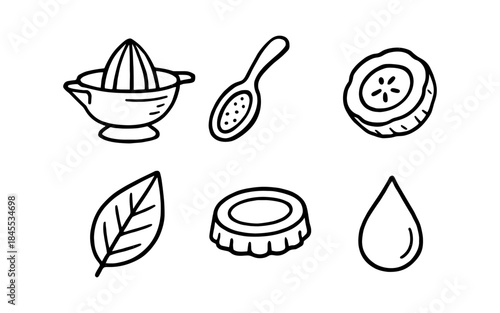 Hand-drawn icons for healthy drinks and fresh ingredients