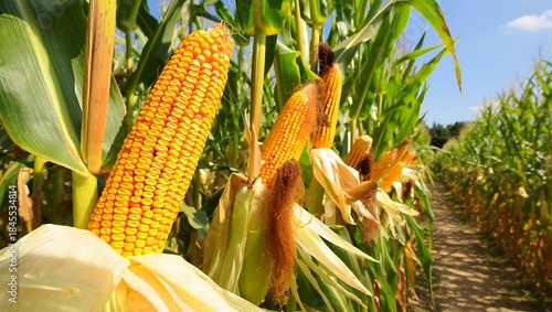 Ripe golden corn ear growing in an organic agricultural field, showcasing healthy maize crop, natural farming, rural landscape, summer harvest, sustainable food production concept.