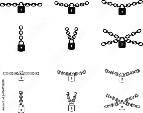 Set of padlock chain icons, collection of lock and security symbols, group of flat line vector illustrations, add safety, protection, secure, and privacy concept, black style