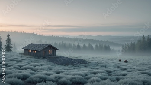 Serene winter landscape featuring a rustic wooden cabin surrounded by frosted grass fields and misty forests at dawn