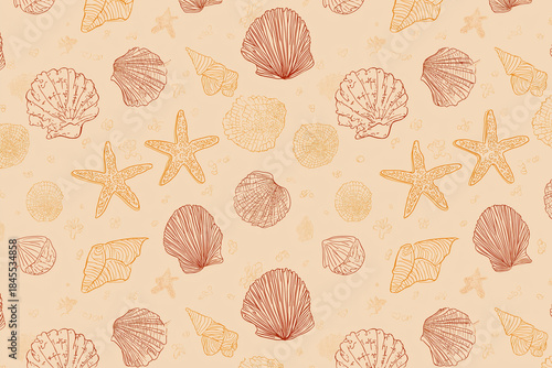 Classic Seashell and Starfish Seamless Marine Pattern Illustration (PNG 6912×4608)