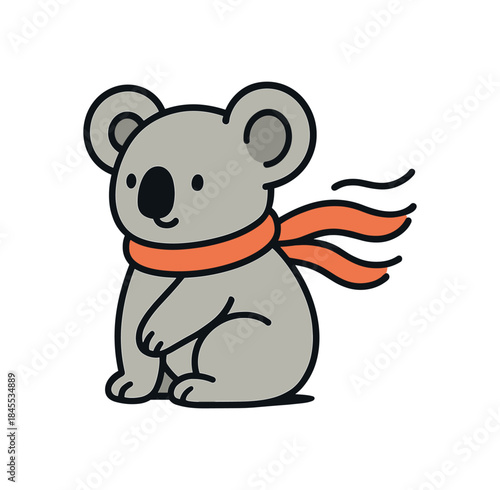 Flat vector illustration of bright koala sitting with scarf gentle wind