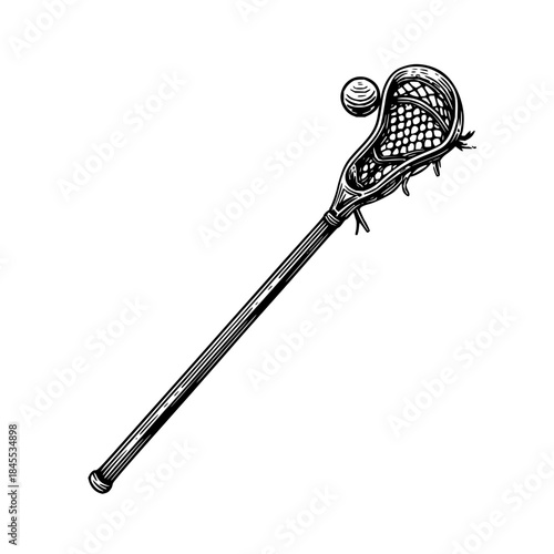 A detailed monochrome illustration of a lacrosse stick with a ball resting in the net design element