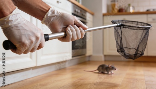 Gloved hands use a net to capture a mouse or rat running on the wooden floor of a domestic kitchen.