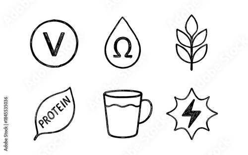 Hand-drawn icons representing vegan, omega, gluten-free, protein, drink, and energy symbols