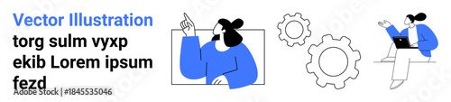 Teamwork, project management, workflow, brainstorming, business strategy, innovation. People interacting with gears and working on a laptop. Teamwork and project management abstract concept