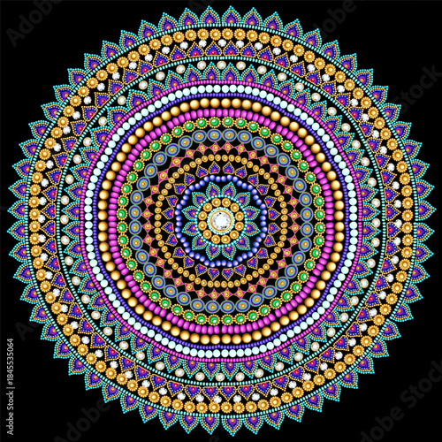 Mandala brooch jewelry, design element.  Geometric vintage ornamental background.