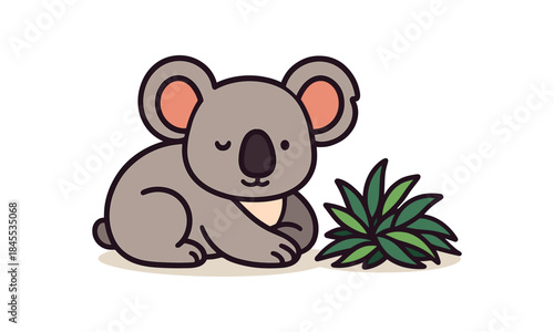 Flat vector illustration of bright koala resting near pile of eucalyptus leaves
