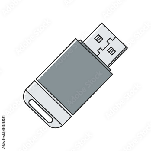 Simple illustration of a gray USB flash drive with a silver cap.