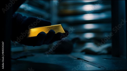 A dramatic, low-contrast shot of a gloved hand grasping or holding a shiny gold bar in the darkness of a bank vault. Conceptualizing wealth, security, and investment.