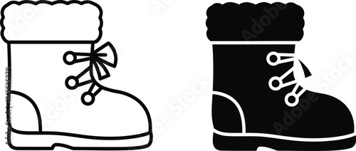 Black and white outline and silhouette of a winter boot with fur trim and laces snow boot