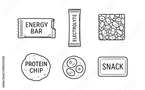 Hand drawn icons of energy bar, electrolyte packet, protein chip, and snack