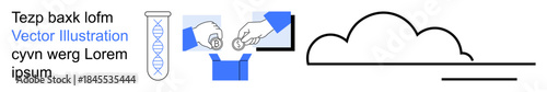 Biotechnology, cloud computing, data sharing, genetic research, innovation, digital networks. a DNA test tube, hands interacting and a cloud outline. Biotechnology and digital networks concept