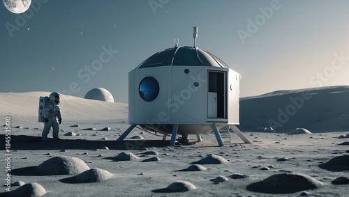 Lone astronaut exploring a futuristic lunar habitat with a starry background and distant celestial bodies