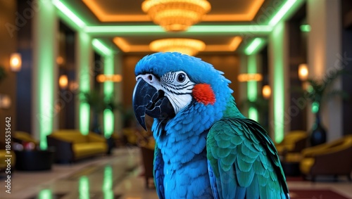 Vibrant blue macaw perched indoors in a luxurious lobby with elegant chandeliers and green ambient lighting