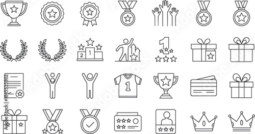 Set of award line icons, success vector illustrations including trophy, medal, crown, podium, laurel wreath, gift, and certificate for competition design projects.