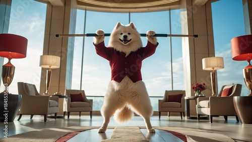 A playful Samoyed dog wearing a red jacket joyfully lifting a stick in a luxurious, modern interior with large windows and stylish decor