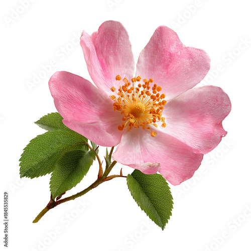 Wild Rose Flower With Pink Petals and Yellow Center Against White Background