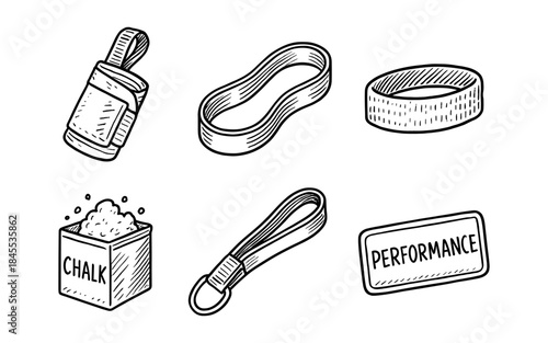 Hand-drawn icons of fitness and climbing accessories for training and performance