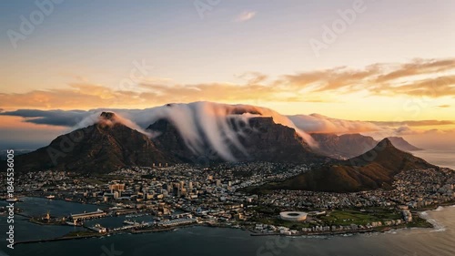 Cape town skyline from harbor to atlantic coast at sunrise, golden light on table mountain with its iconic cloud cap, overlooking city, bay and waterfront panorama