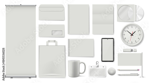 Realistic set of blank white corporate stationery and promotional items. Isolated vector mockup for branding identity design