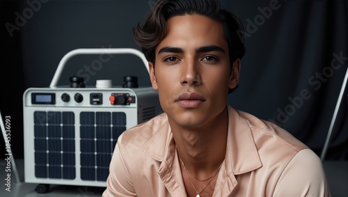 Portrait of a young man in a pink shirt with soft lighting, posing in front of a solar energy generator with a neutral background