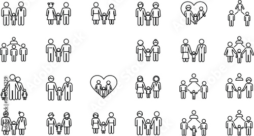 Set of family line icons, vector illustrations including parents, children, grandparents, family tree, and love symbols for genealogy and relationship projects.