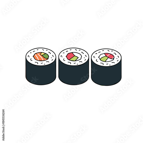 Three delicious sushi rolls arranged in a row on a white background.