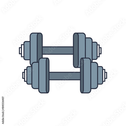 Two pairs of grey dumbbells arranged in a cross shape for fitness.