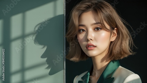 A young woman with short brown hair and natural makeup, standing against a wall with soft shadows creating a serene atmosphere