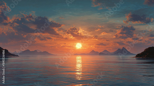 Golden Sunset over a Serene Ocean with a Majestic Sunrise in the Background. The sky is filled with clouds and the water reflects the vibrant colors of the sky
