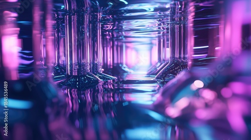Abstract tunnel featuring glowing neon lights in shades of pink, purple, and blue, reflecting dynamically on a wet, metallic surface, suggesting a modern technological pathway or digital space