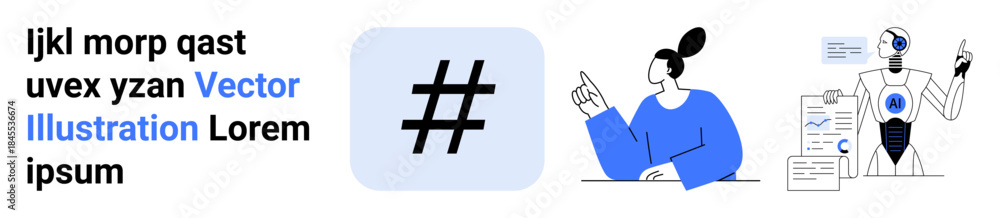 Fototapeta premium Human character pointing at a metadata tag icon, AI robot analyzing data, and text elements. Ideal for digital trends, AI analysis, innovation, teamwork, data management, education simple landing